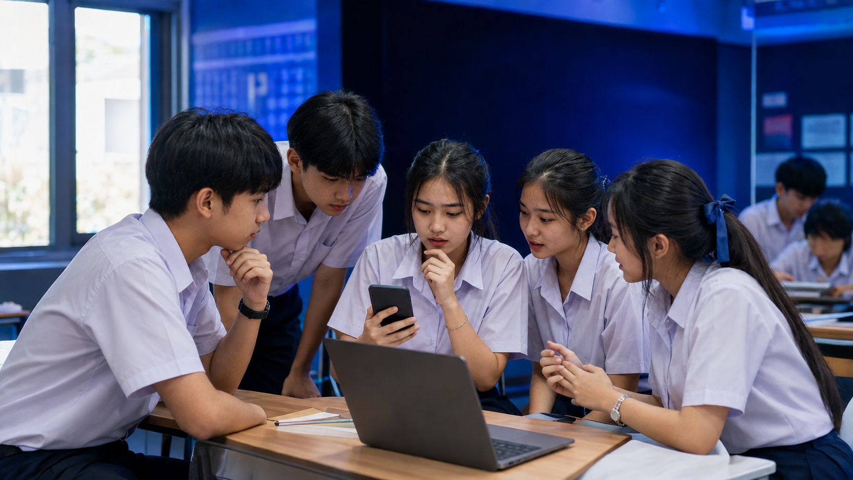 นักเรียนกำลังตรวจสอบข่าวจากโทรศัพท์ก่อนแชร์