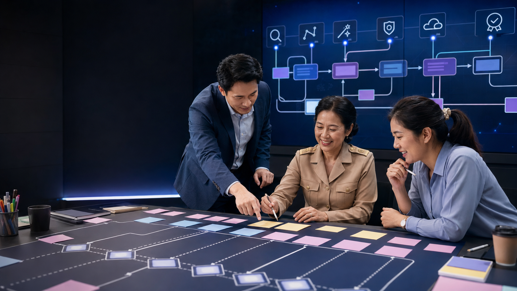 ทีมบุคลากรไทยจากภาครัฐ บริษัท และโรงเรียนร่วมออกแบบ AI Workflow ในห้องเวิร์กช็อปสมัยใหม่